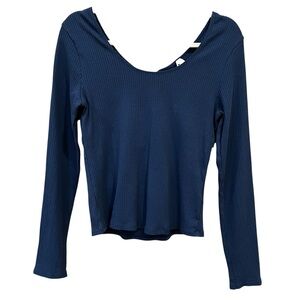 Pact Scoop Neck Fitted Rib Long Sleeve Top Navy Blue Large Casual Coastal